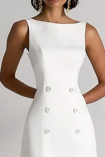 Ivory Satin A Line Double Breasted Boat Neck Midi Work Dress